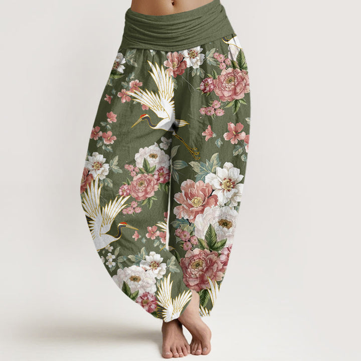 Buddha Stones Cotton Casual Cranes Blooming Peony Pattern Women's Elastic Waist Harem Pants - OliveDrab - US22，UK/AU26，EU54 (6XL) - image 7