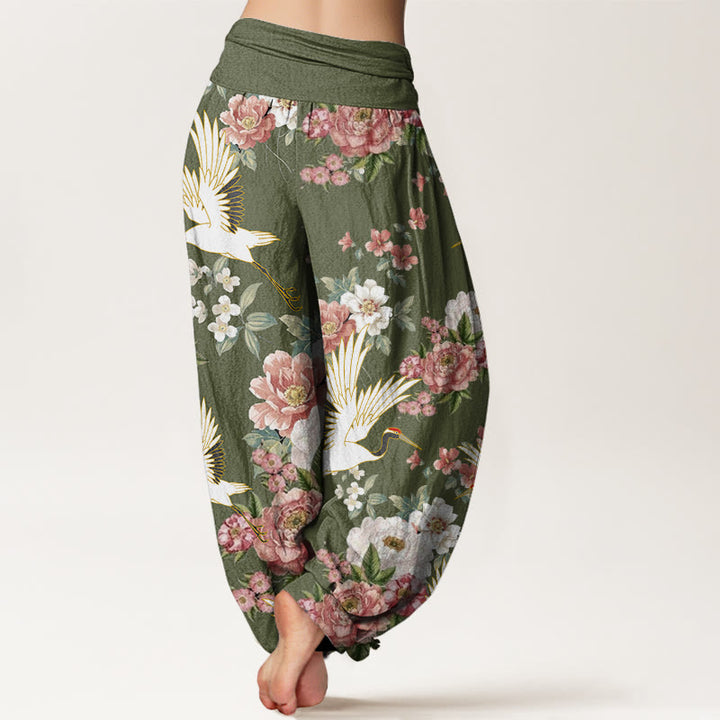 Buddha Stones Casual Cranes Blooming Peony Pattern Women's Elastic Waist Harem Pants - image 9