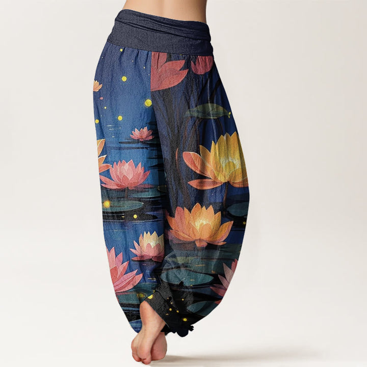 Buddha Stones Casual Peaceful Nighttime Lotus Pattern Women's Elastic Waist Harem Pants - image 2