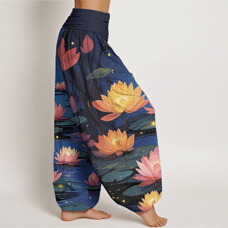 Buddha Stones Casual Peaceful Nighttime Lotus Pattern Women's Elastic Waist Harem Pants - image 1