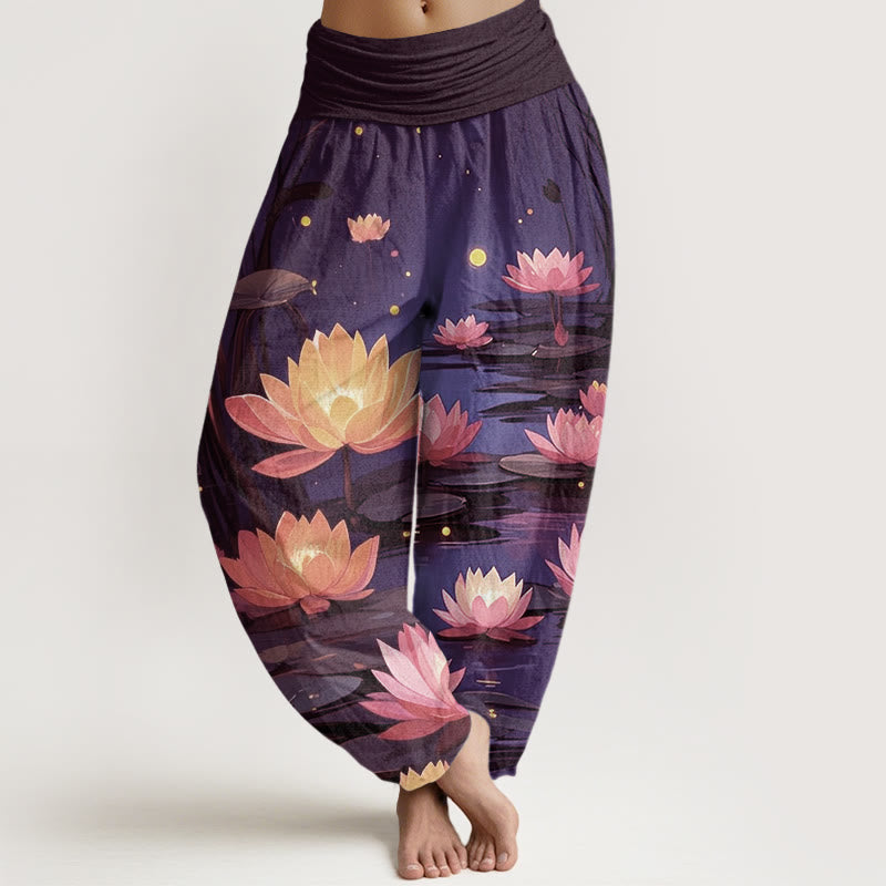 Buddha Stones Casual Peaceful Nighttime Lotus Pattern Women's Elastic Waist Harem Pants - Indigo - US22，UK/AU26，EU54 (6XL) - image 4