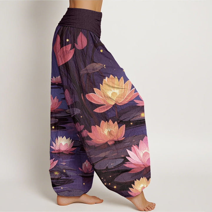 Buddha Stones Cotton Casual Peaceful Nighttime Lotus Pattern Women's Elastic Waist Harem Pants - image 5