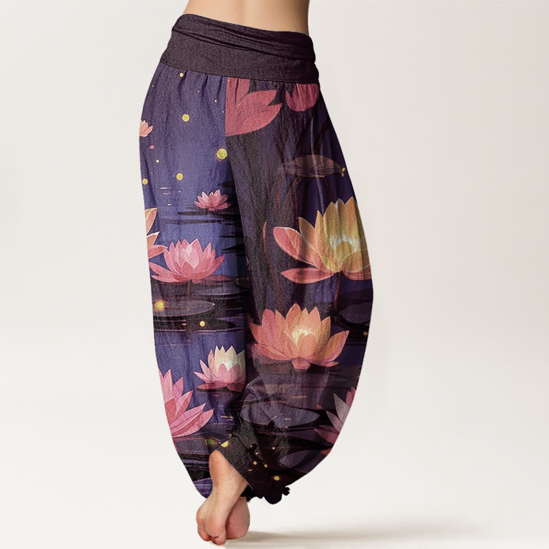 Buddha Stones Casual Peaceful Nighttime Lotus Pattern Women's Elastic Waist Harem Pants - image 6