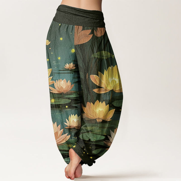 Buddha Stones Casual Peaceful Nighttime Lotus Pattern Women's Elastic Waist Harem Pants - image 9