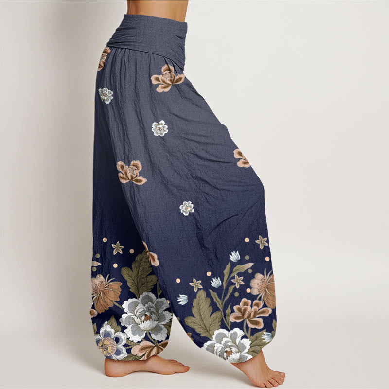 Buddha Stones Cotton Casual Blooming Flowers Pattern Women's Elastic Waist Harem Pants - image 1