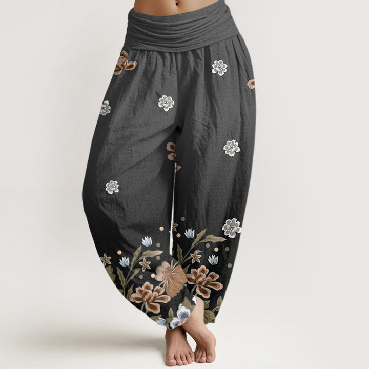 Buddha Stones Casual Blooming Flowers Pattern Women's Elastic Waist Harem Pants - Black - US22，UK/AU26，EU54 (6XL) - image 7