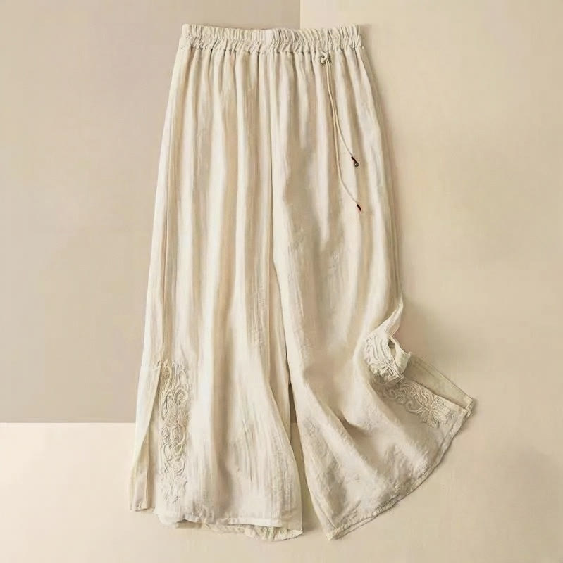 Buddha Stones Retro Casual Embroidery Design Drawstring Cotton Linen Women's Wide Leg Pants With Pockets - LightYellow - US12，UK/AU16，EU44 (3XL) - image 0