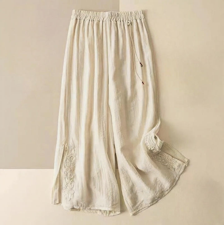 Buddha Stones Retro Casual Embroidery Design Drawstring Cotton Linen Women's Wide Leg Pants With Pockets - LightYellow - US12，UK/AU16，EU44 (3XL) - image 0