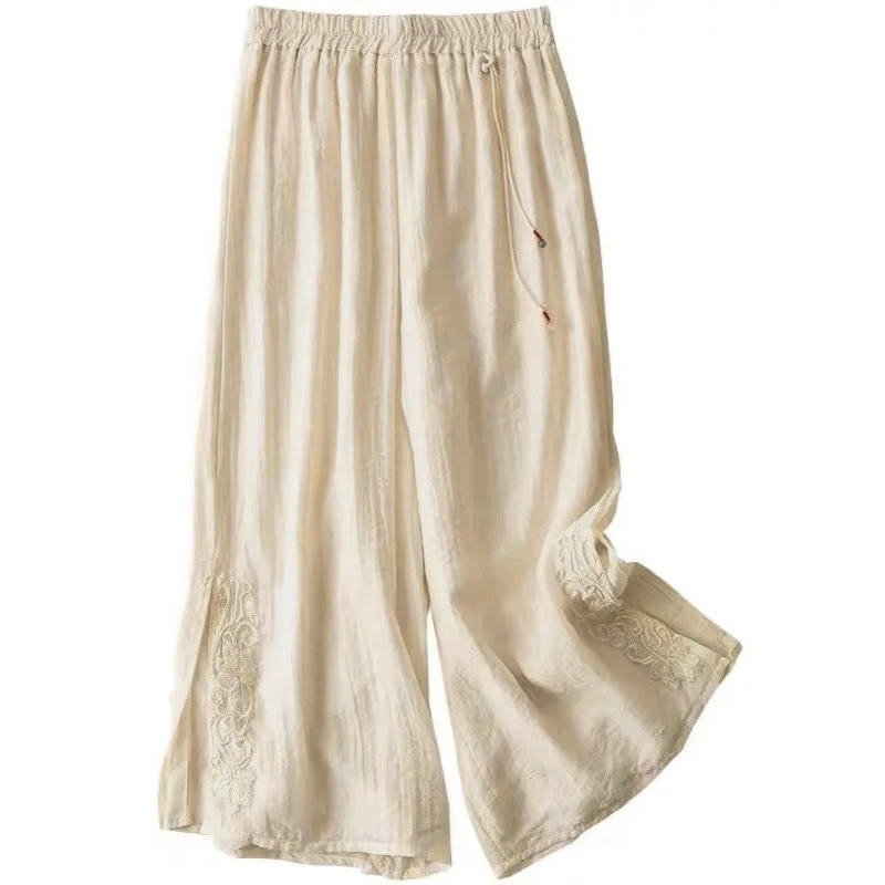 Buddha Stones Retro Casual Embroidery Design Drawstring Cotton Linen Women's Wide Leg Pants With Pockets - image 1