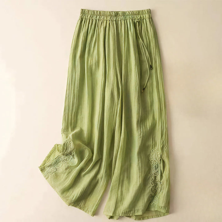Buddha Stones Retro Casual Embroidery Design Drawstring Cotton Linen Women's Wide Leg Pants With Pockets