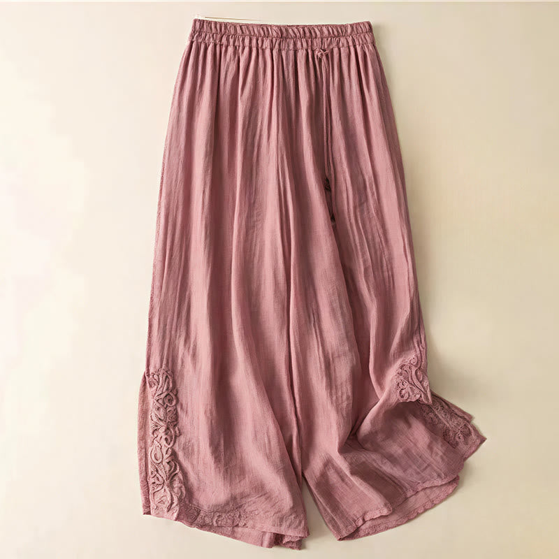 Buddha Stones Retro Casual Embroidery Design Drawstring Cotton Linen Women's Wide Leg Pants With Pockets - PaleVioletRed - US12，UK/AU16，EU44 (3XL) - image 2