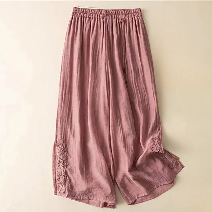 Buddha Stones Retro Casual Embroidery Design Drawstring Cotton Linen Women's Wide Leg Pants With Pockets - PaleVioletRed - US12，UK/AU16，EU44 (3XL) - image 2