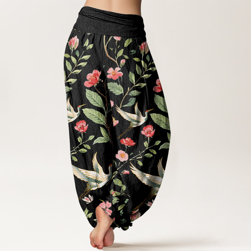 Buddha Stones Casual Red Flowers Crane Pattern Women's Elastic Waist Harem Pants - image 2