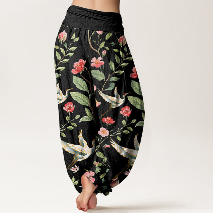 Buddha Stones Casual Red Flowers Crane Pattern Women's Elastic Waist Harem Pants - image 2