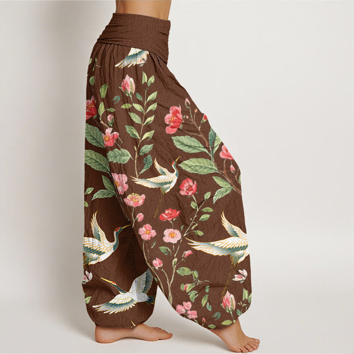 Buddha Stones Casual Red Flowers Crane Pattern Women's Elastic Waist Harem Pants - image 5
