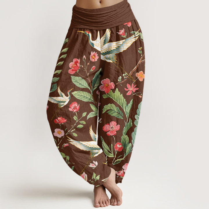 Buddha Stones Cotton Casual Red Flowers Crane Pattern Women's Elastic Waist Harem Pants - SaddleBrown - US22，UK/AU26，EU54 (6XL) - image 4
