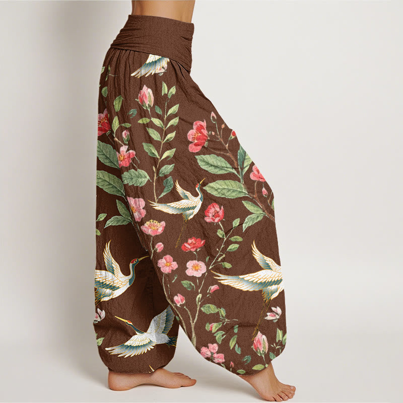 Buddha Stones Cotton Casual Red Flowers Crane Pattern Women's Elastic Waist Harem Pants - image 5