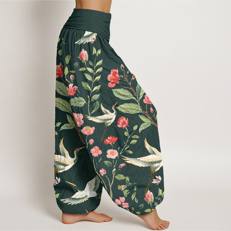 Buddha Stones Casual Red Flowers Crane Pattern Women's Elastic Waist Harem Pants - image 8