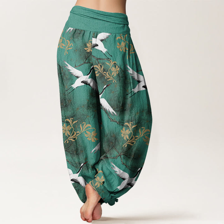 Buddha Stones Cotton Casual Red-crowned Crane Pine Tree Pattern Women's Elastic Waist Harem Pants - image 2