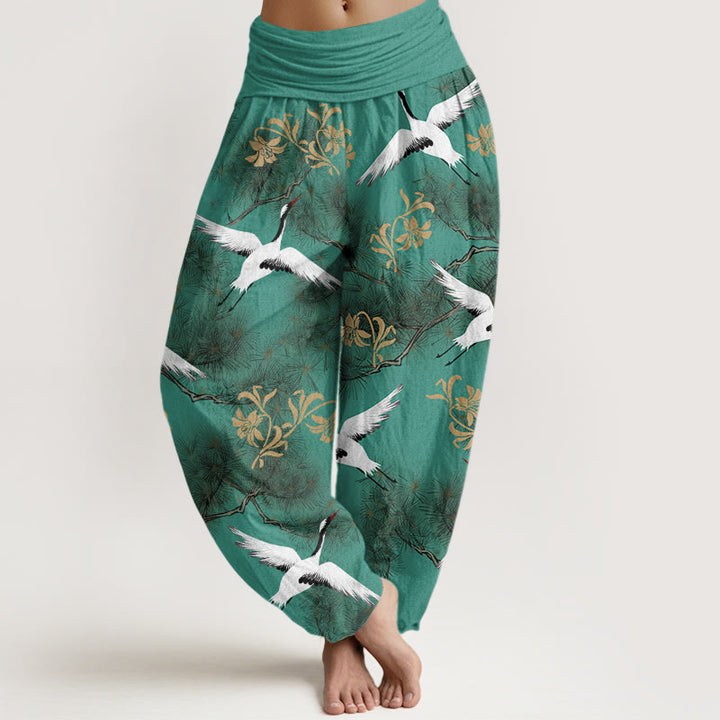 Buddha Stones Casual Red-crowned Crane Pine Tree Pattern Women's Elastic Waist Harem Pants - MediumSeaGreen - US22，UK/AU26，EU54 (6XL) - image 0