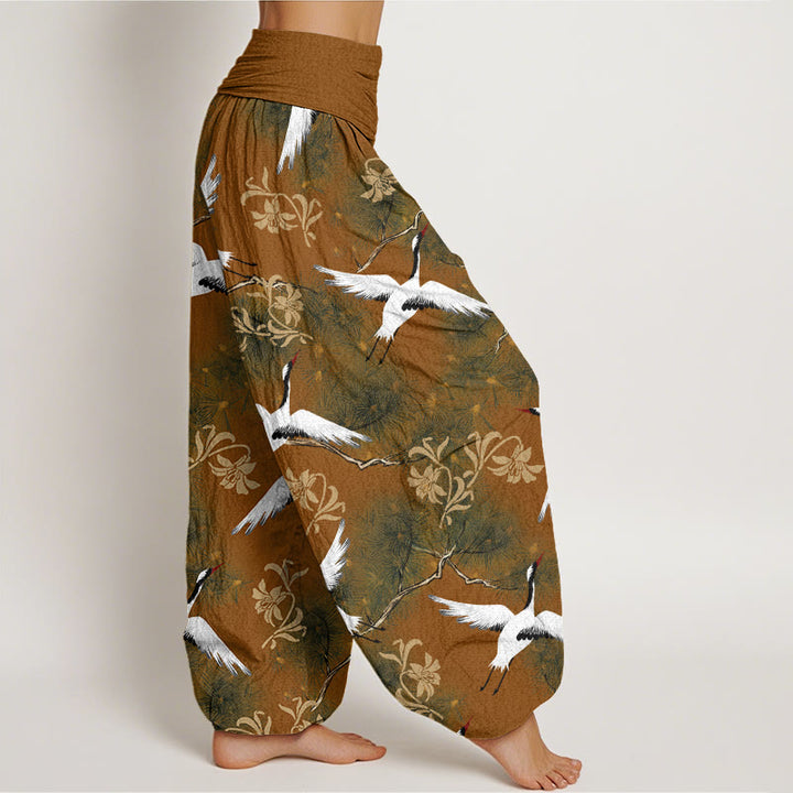 Buddha Stones Casual Red-crowned Crane Pine Tree Pattern Women's Elastic Waist Harem Pants - image 5
