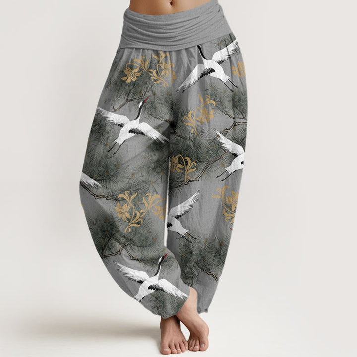 Buddha Stones Casual Red-crowned Crane Pine Tree Pattern Women's Elastic Waist Harem Pants - Gray - US22，UK/AU26，EU54 (6XL) - image 7