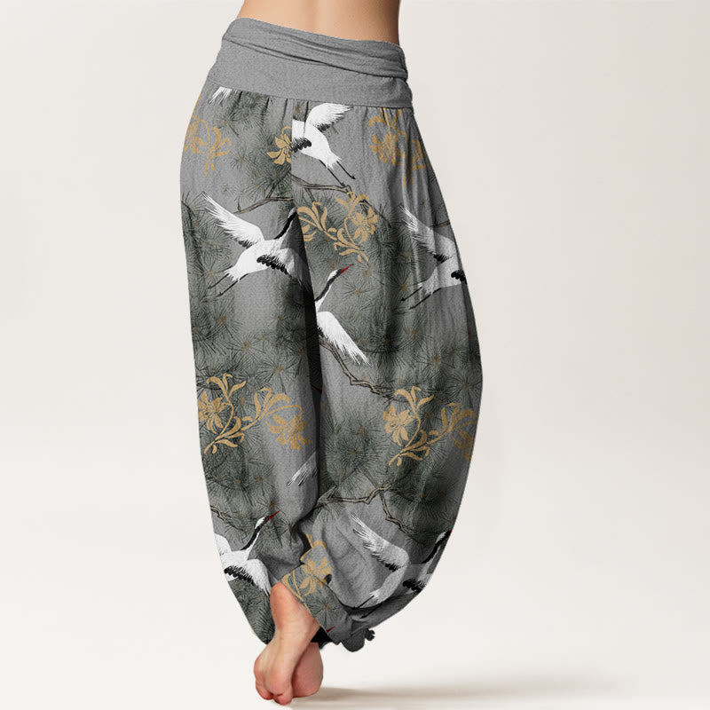 Buddha Stones Casual Red-crowned Crane Pine Tree Pattern Women's Elastic Waist Harem Pants - image 9