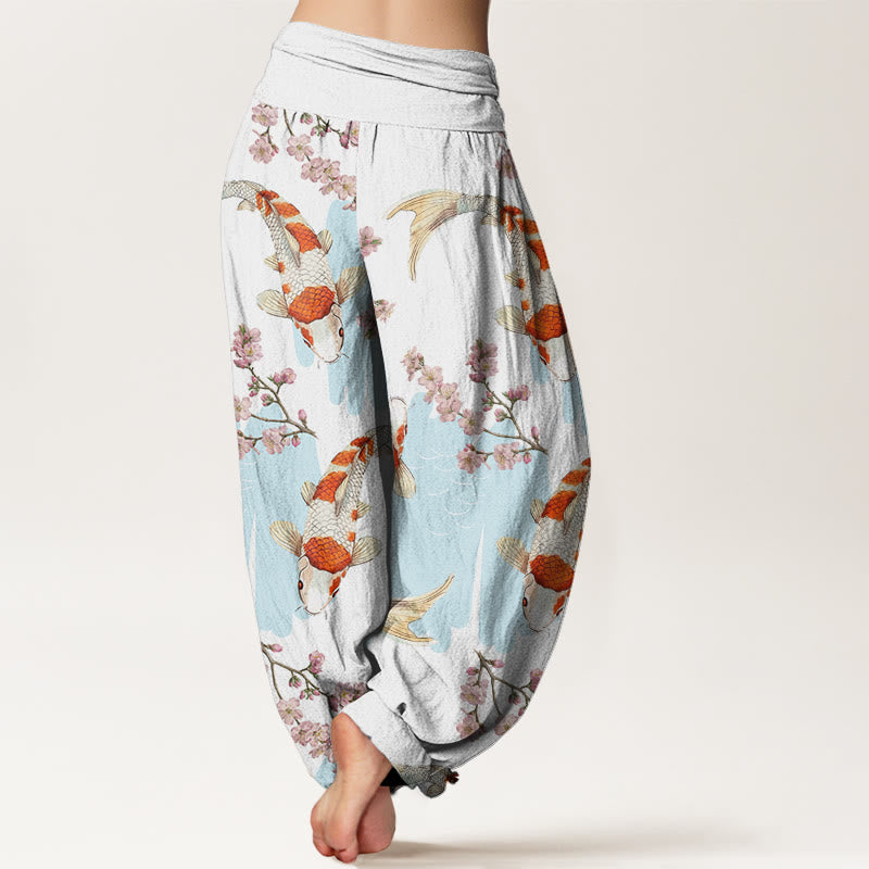 Buddha Stones Casual Koi Fish Cherry Blossom Pattern Women's Elastic Waist Harem Pants - image 2