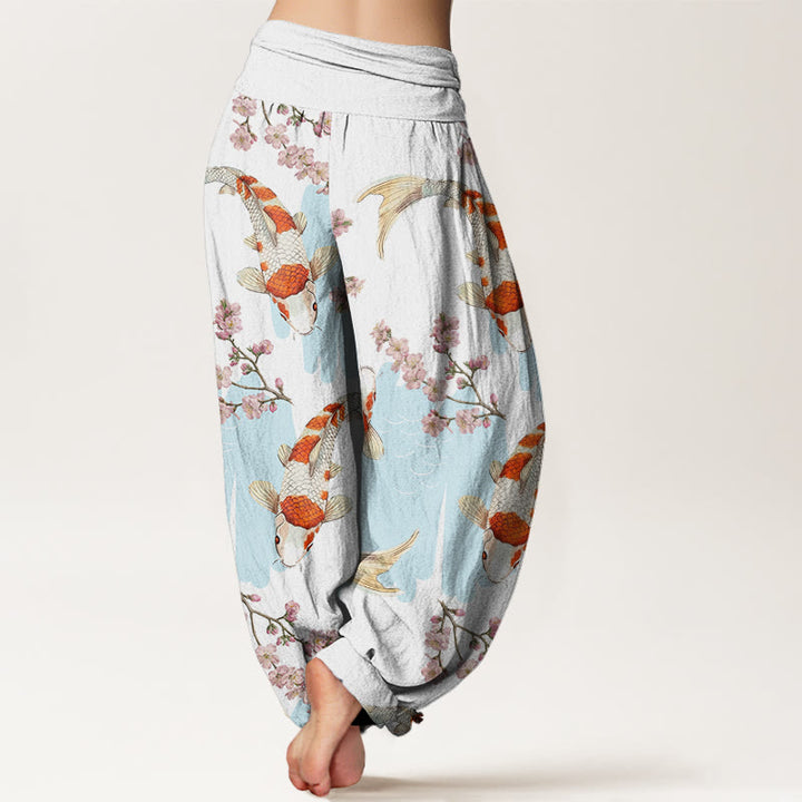 Buddha Stones Casual Koi Fish Cherry Blossom Pattern Women's Elastic Waist Harem Pants - image 2