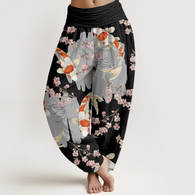 Buddha Stones Casual Koi Fish Cherry Blossom Pattern Women's Elastic Waist Harem Pants - Black - US22，UK/AU26，EU54 (6XL) - image 4