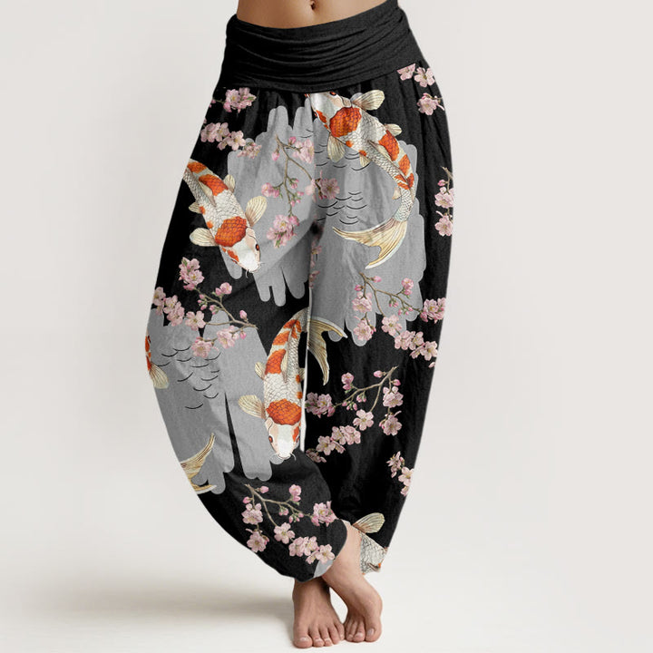 Buddha Stones Casual Koi Fish Cherry Blossom Pattern Women's Elastic Waist Harem Pants - Black - US22，UK/AU26，EU54 (6XL) - image 4