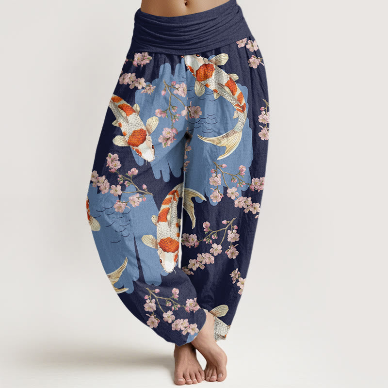 Buddha Stones Casual Koi Fish Cherry Blossom Pattern Women's Elastic Waist Harem Pants - MidnightBlue - US22，UK/AU26，EU54 (6XL) - image 7