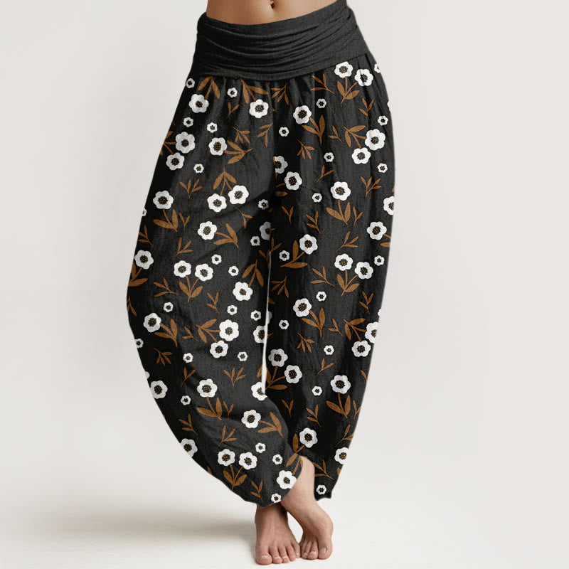 Buddha Stones Casual Simple Flowers Leaves Pattern Women's Elastic Waist Harem Pants - Black - US22，UK/AU26，EU54 (6XL) - image 7