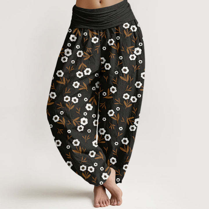 Buddha Stones Casual Simple Flowers Leaves Pattern Women's Elastic Waist Harem Pants - Black - US22，UK/AU26，EU54 (6XL) - image 7