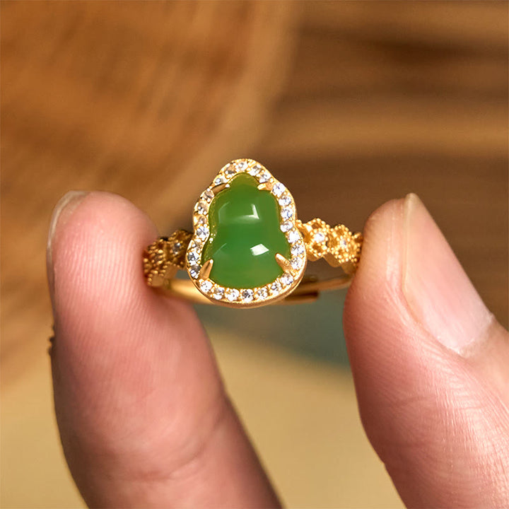 FREE Today: Strength Wealth Vintage Gourd Green Chalcedony Copper Plated Gold Adjustable Ring