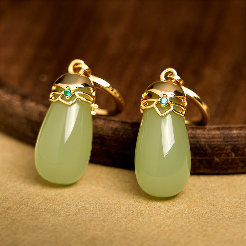 Buddha Stones Green Chalcedony Water Drop Strength Copper Posts Earrings - image 5