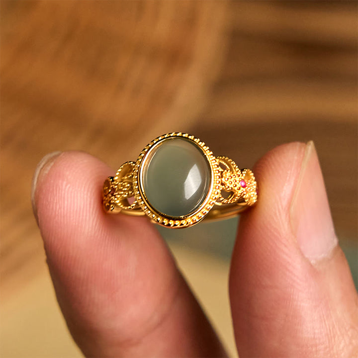 Buddha Stones Natural 925 Sterling Silver Plated Gold Hollow Design Jade Luck Ring - image 14