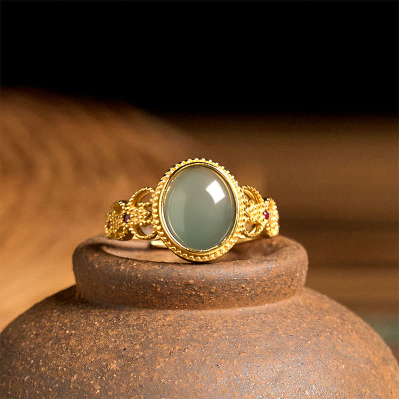 Buddha Stones Natural 925 Sterling Silver Plated Gold Hollow Design Jade Luck Ring - image 9