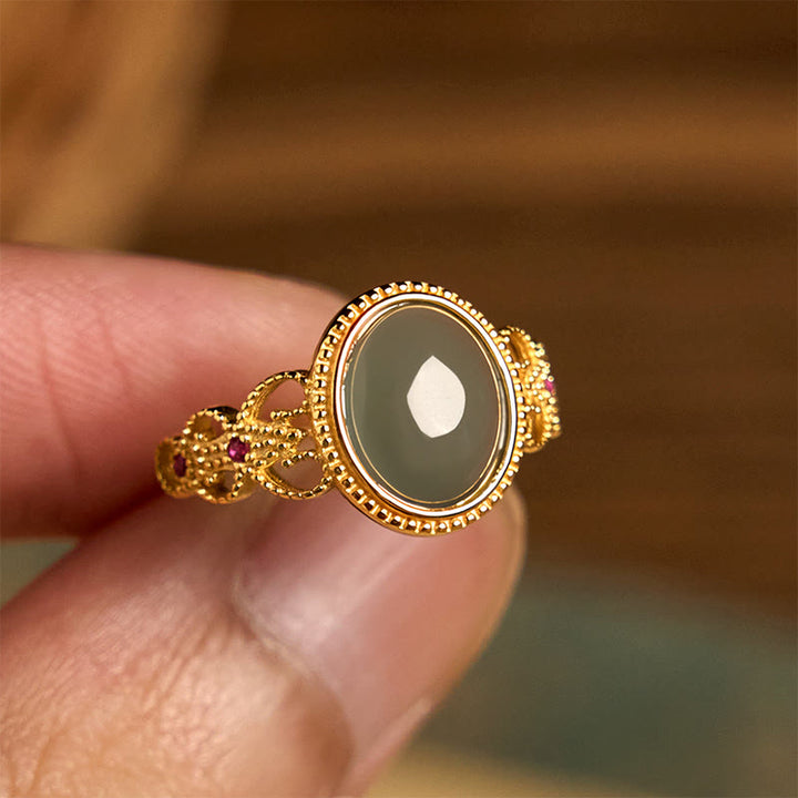 Buddha Stones Natural 925 Sterling Silver Plated Gold Hollow Design Jade Luck Ring - image 14
