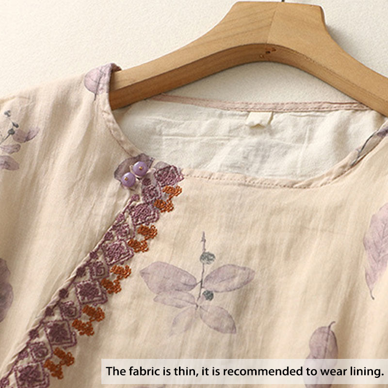 Buddha Stones Embroidery Design Leaves Women's Cotton Linen Three Quarter Sleeve Shirt - image 1