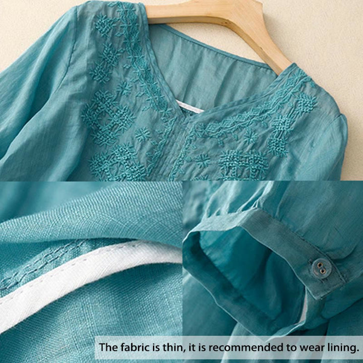 Buddha Stones V-Neck Lines Embroidery Women's Cotton Linen Half Sleeve Shirt - image 3