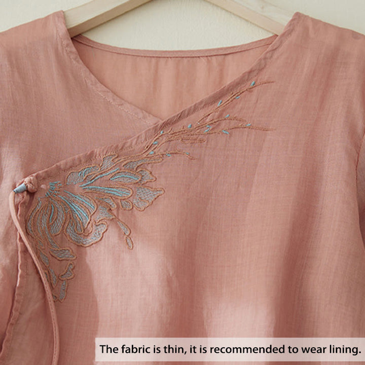 Buddha Stones Casual Women's Embroidery Plants Design Three Quarter Sleeve Cotton Linen Shirt - image 3