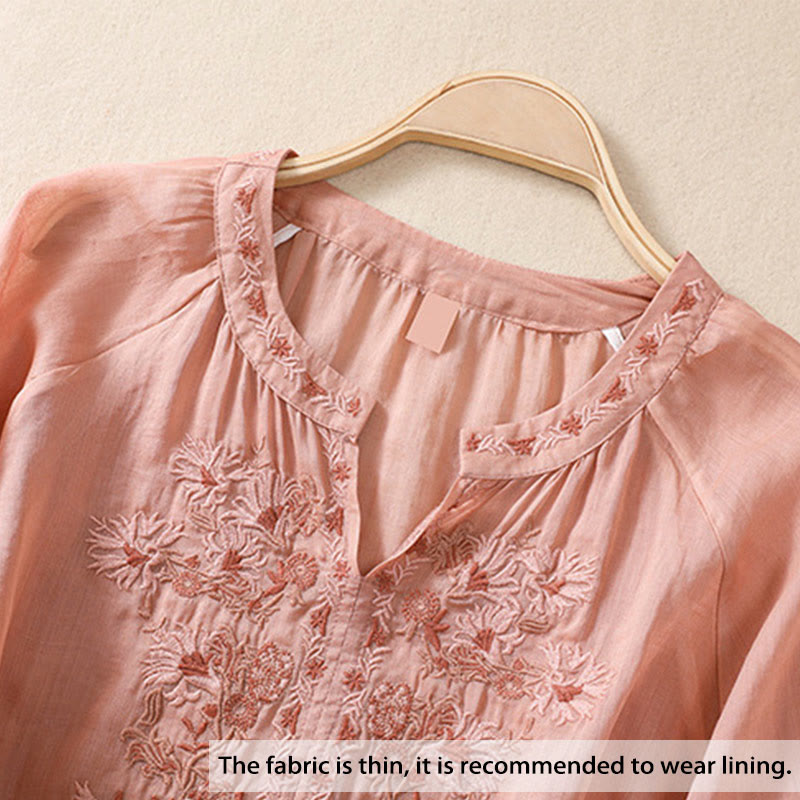 Buddha Stones Embroiderd Design Women's Cotton Linen Three Quarter Sleeve Shirt  - image 2