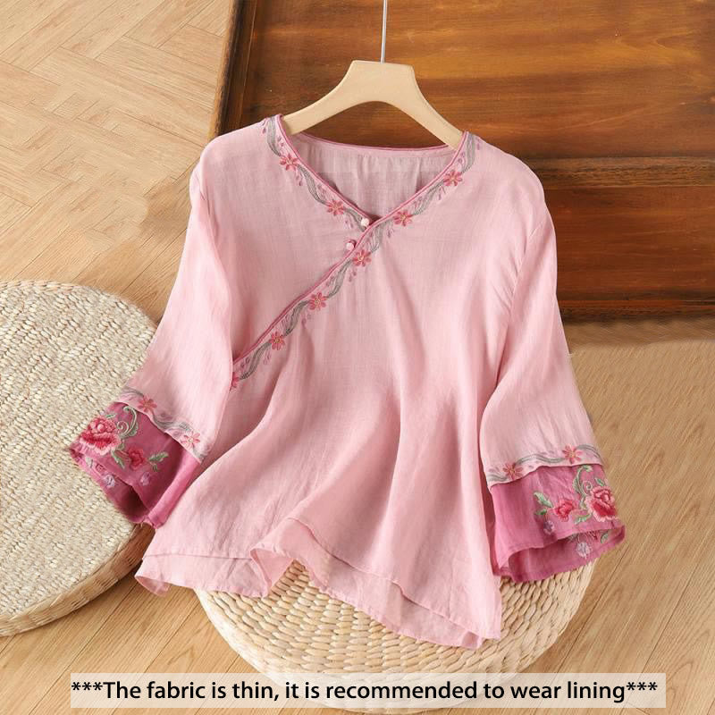 Buddha Stones Spring Retro Embroidery Button Design Three Quarter Sleeve Women's Cotton Shirt - image 2