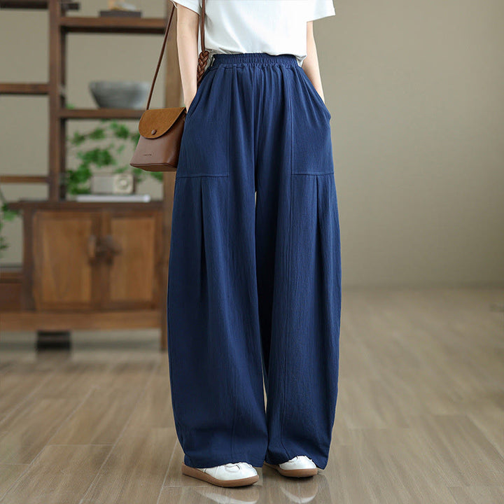 Buddha Stones Plain Pleated Design Ankle-Length Women's Cotton Linen Pants With Pockets - MidnightBlue - US12，UK/AU16，EU44 (2XL) - image 14