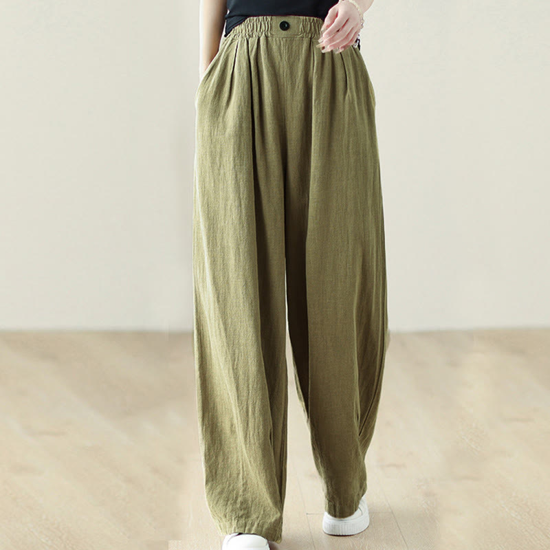 Buddha Stones Commute Button Design Women's Cotton Linen Elastic Waistband Pants With Pockets - image 4