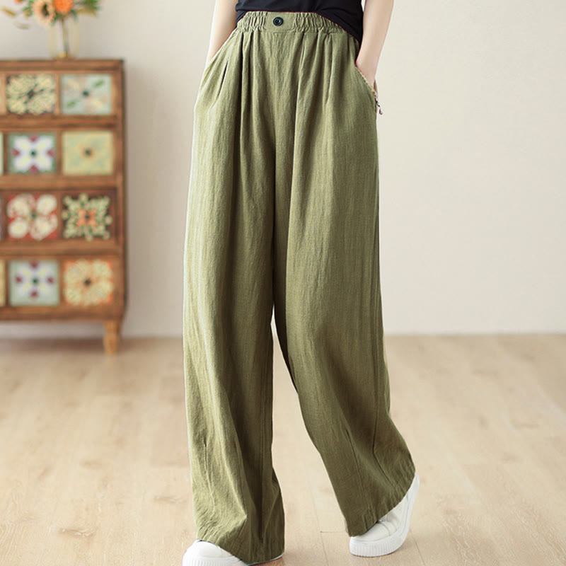 Buddha Stones Commute Button Design Women's Cotton Linen Elastic Waistband Pants With Pockets - OliveDrab - US12，UK/AU16，EU44 (3XL) - image 2