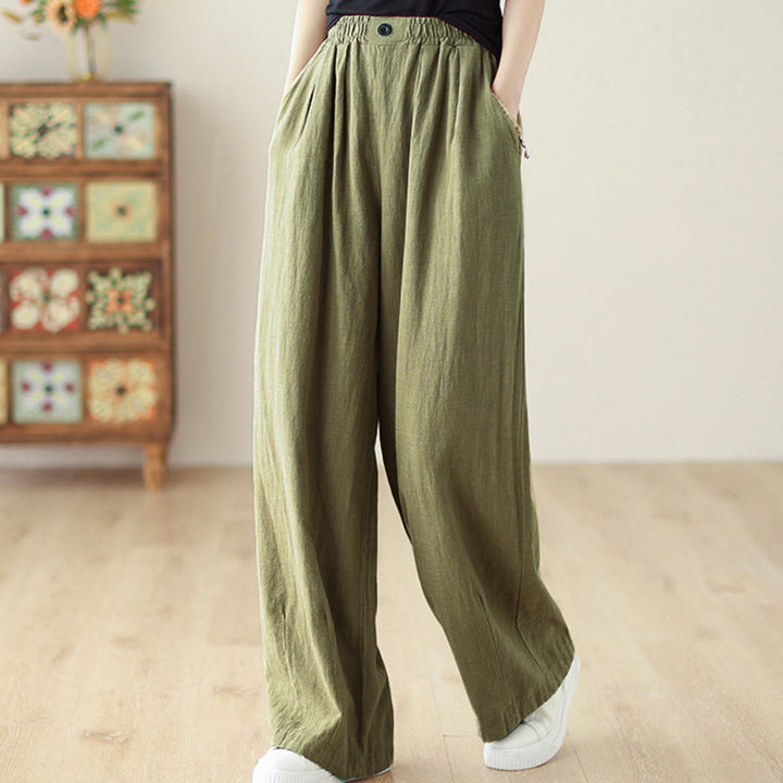 Buddha Stones Commute Button Design Women's Cotton Linen Elastic Waistband Pants With Pockets - OliveDrab - US12，UK/AU16，EU44 (3XL) - image 2