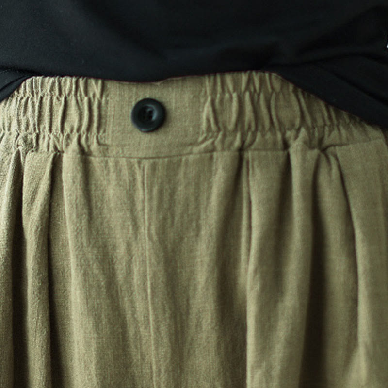 Buddha Stones Commute Button Design Women's Cotton Linen Elastic Waistband Pants With Pockets - image 8