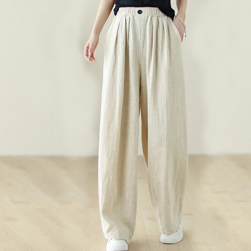 Buddha Stones Commute Button Design Women's Cotton Linen Elastic Waistband Pants With Pockets - image 15